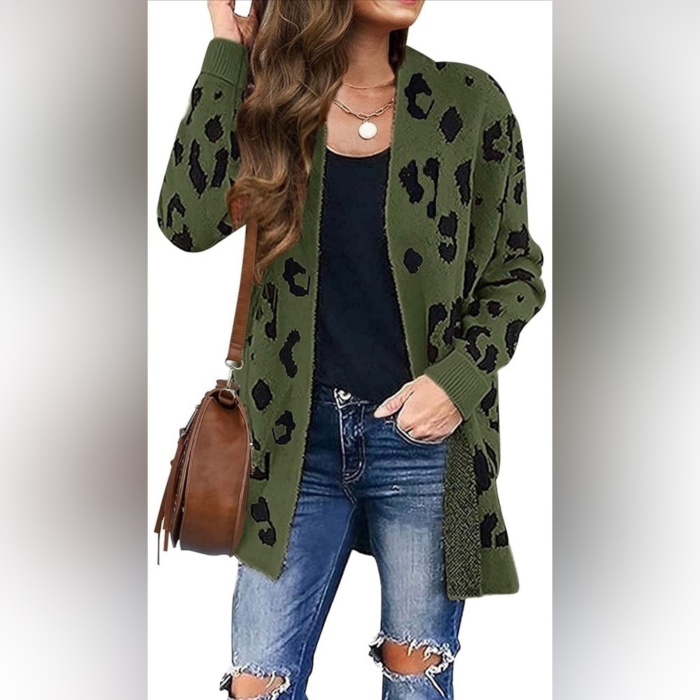 ZESICA Women’s Long Sleeve Open Front Leopard Print Cardigan Green Size Large - Picture 7 of 9